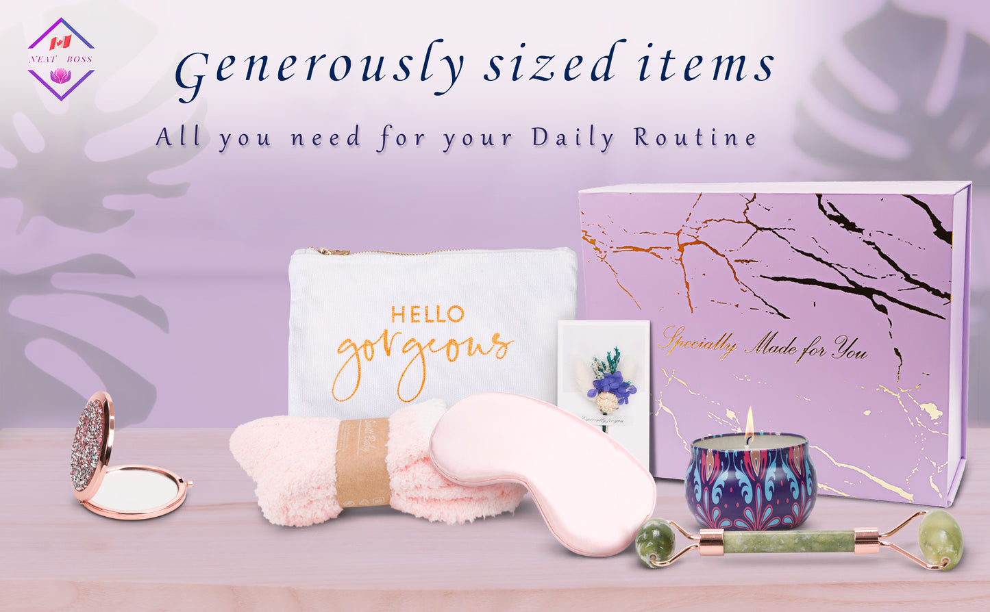 Elegant self-care gift basket with beauty items for her daily routine.