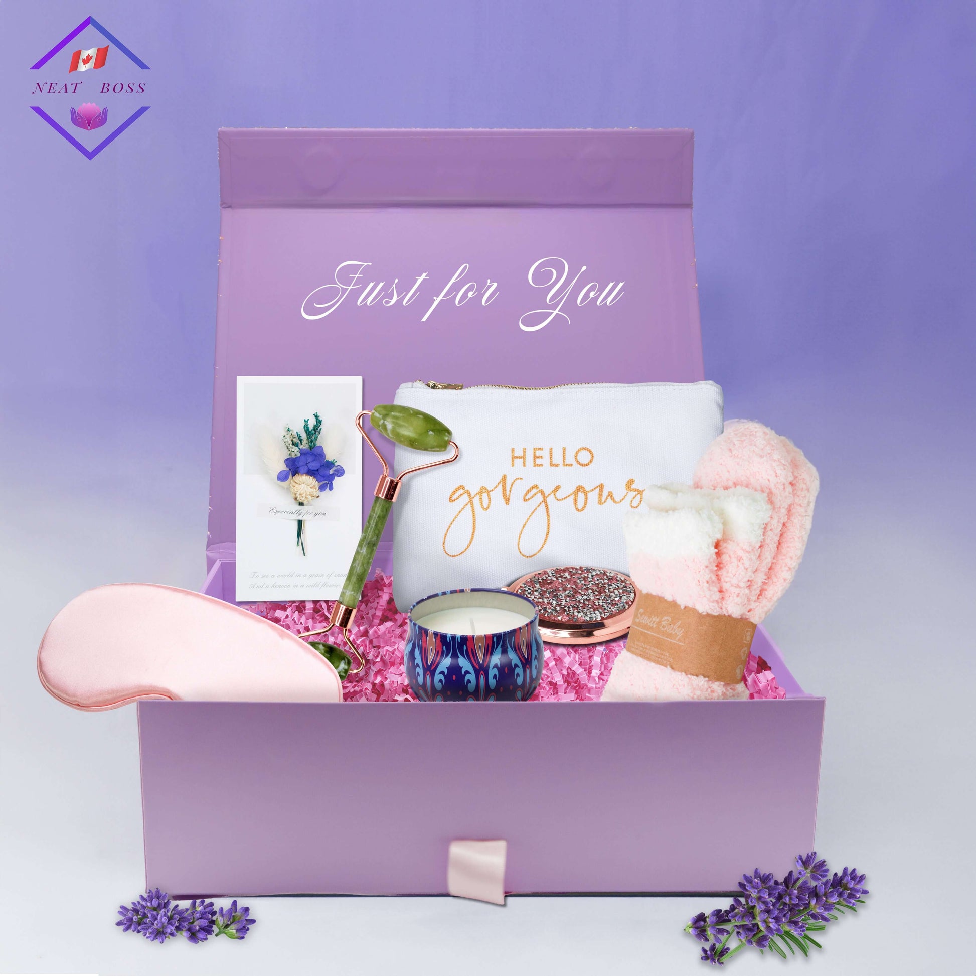 Elegant gift basket for women featuring self-care items, perfect gifts for her for any occasion.