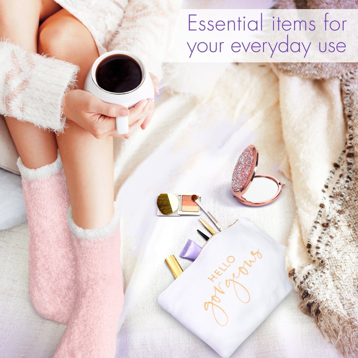 Cozy lifestyle scene showcasing essential everyday items with a woman holding a mug and beauty products on display.