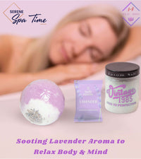 Soothing lavender spa gift box with gifts for relaxation, featuring bath bomb and Epsom salt for a calming experience.