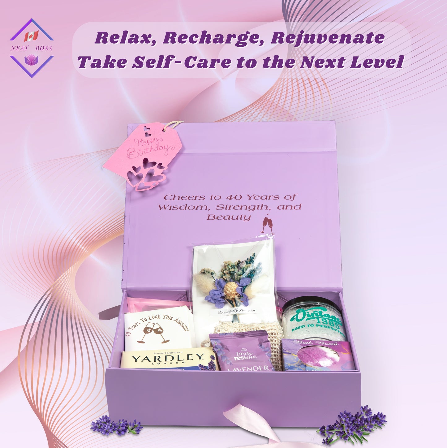 Elegant 40th Birthday Gift for Women, 9-Piece Lavender Spa Gift Set for Women Born in 1985