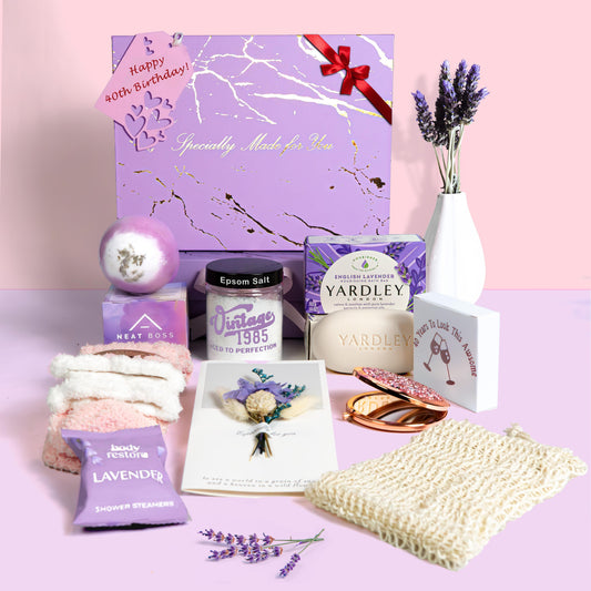 Elegant 40th Birthday Gift for Women, 9-Piece Lavender Spa Gift Set for Women Born in 1985