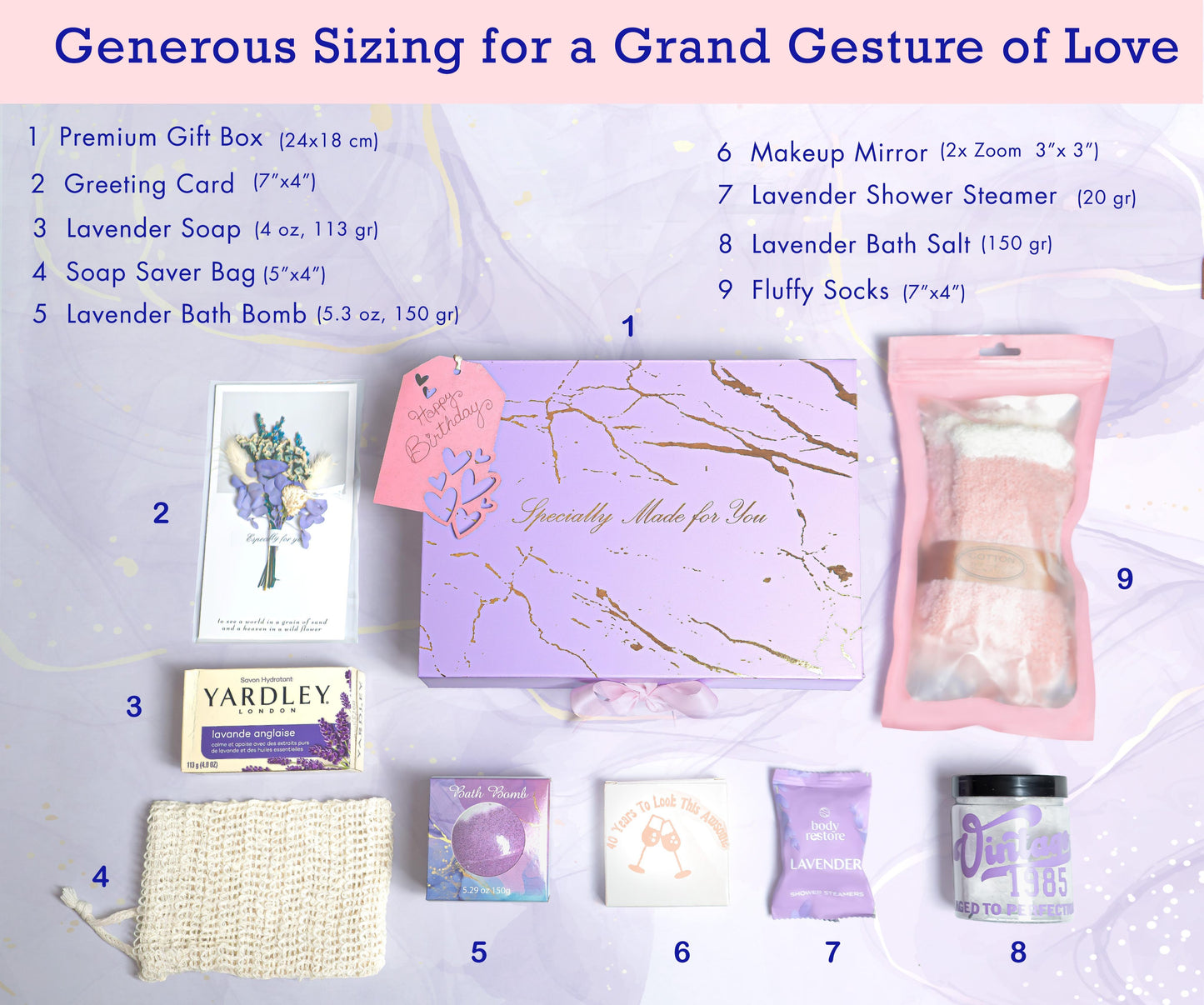 Elegant 40th Birthday Gift for Women, 9-Piece Lavender Spa Gift Set for Women Born in 1985