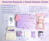 Elegant lavender spa gift set layout including a gift box, bath bomb, socks, and more for a special birthday.
