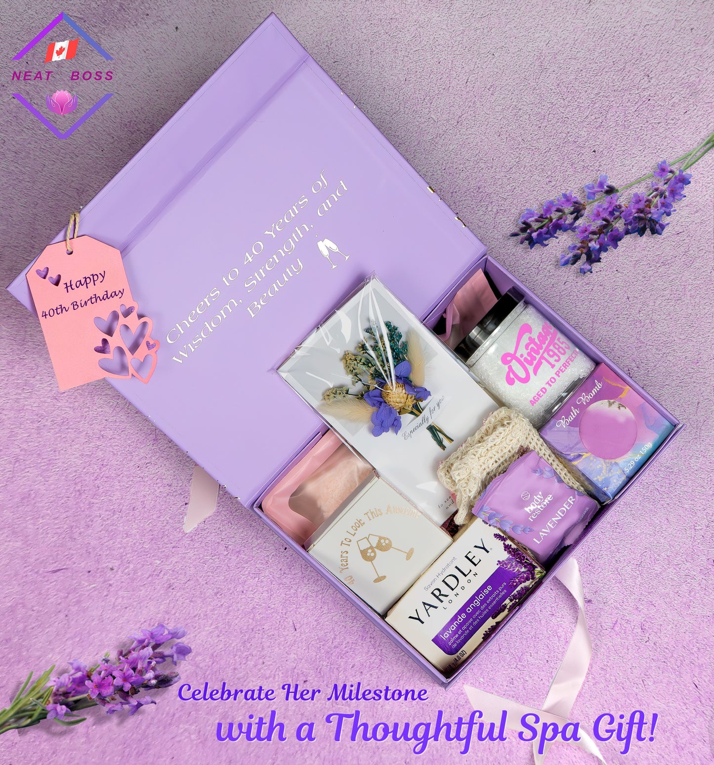 Elegant 40th Birthday Gift for Women, 9-Piece Lavender Spa Gift Set for Women Born in 1985